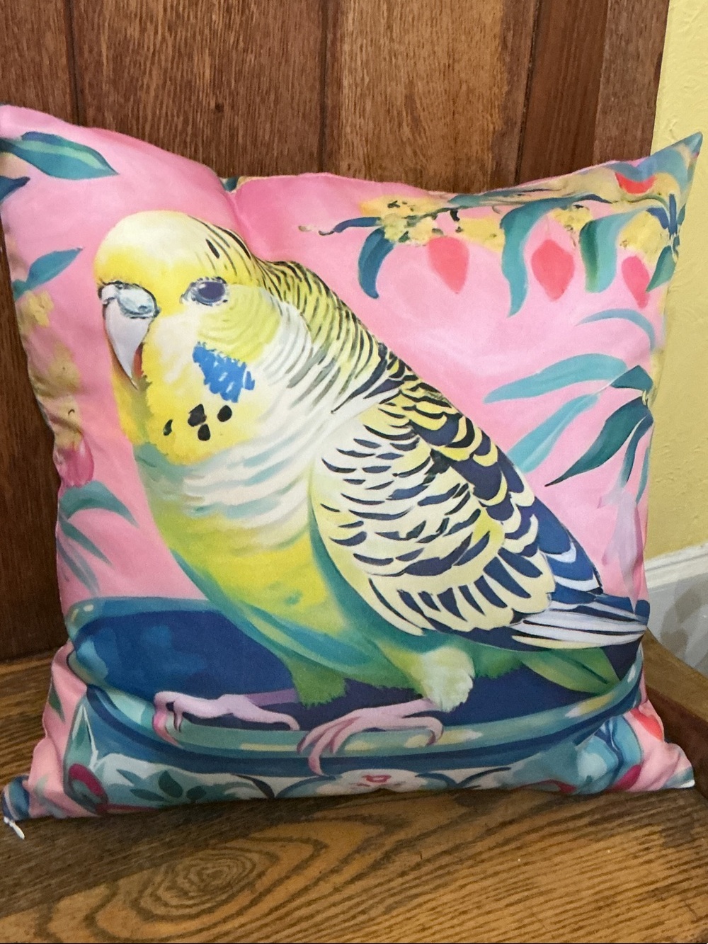 Decorative Budgie Throw Pillow - Pink and Yellow